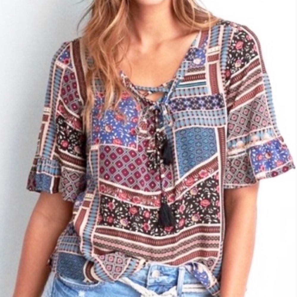 American Eagle Patchwork Patterned Lace Up Neckline Top